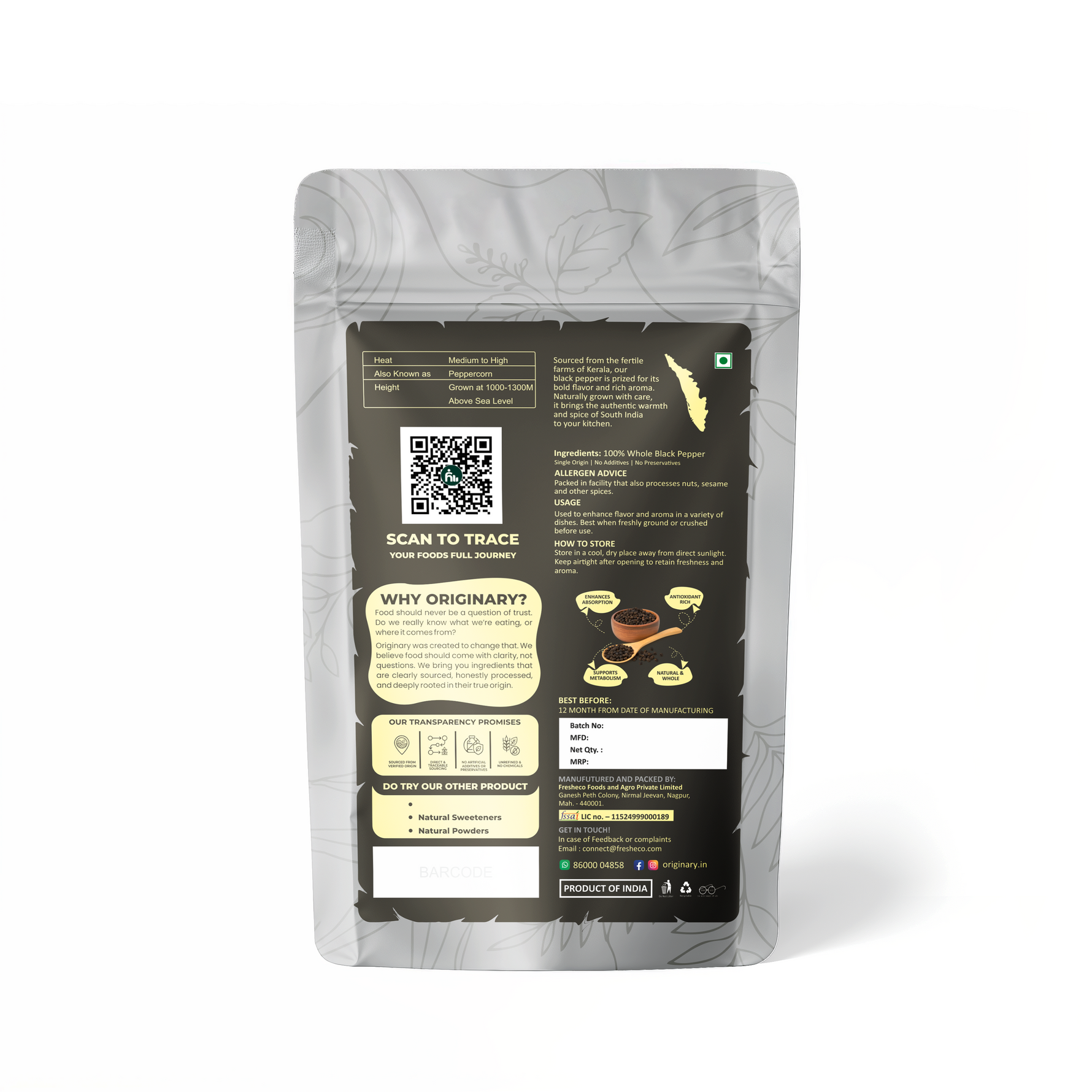 Gray packaging with a QR code and text on a white background