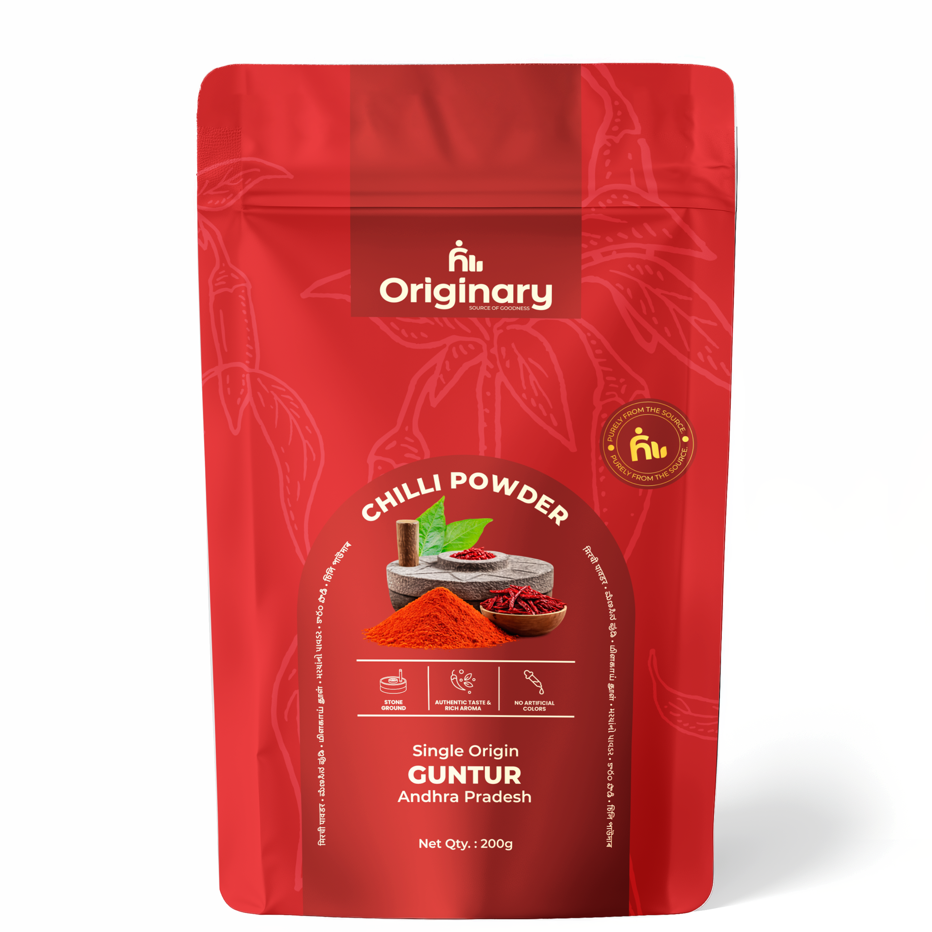 Red package of chilli powder with 'Originary' branding on a white background
