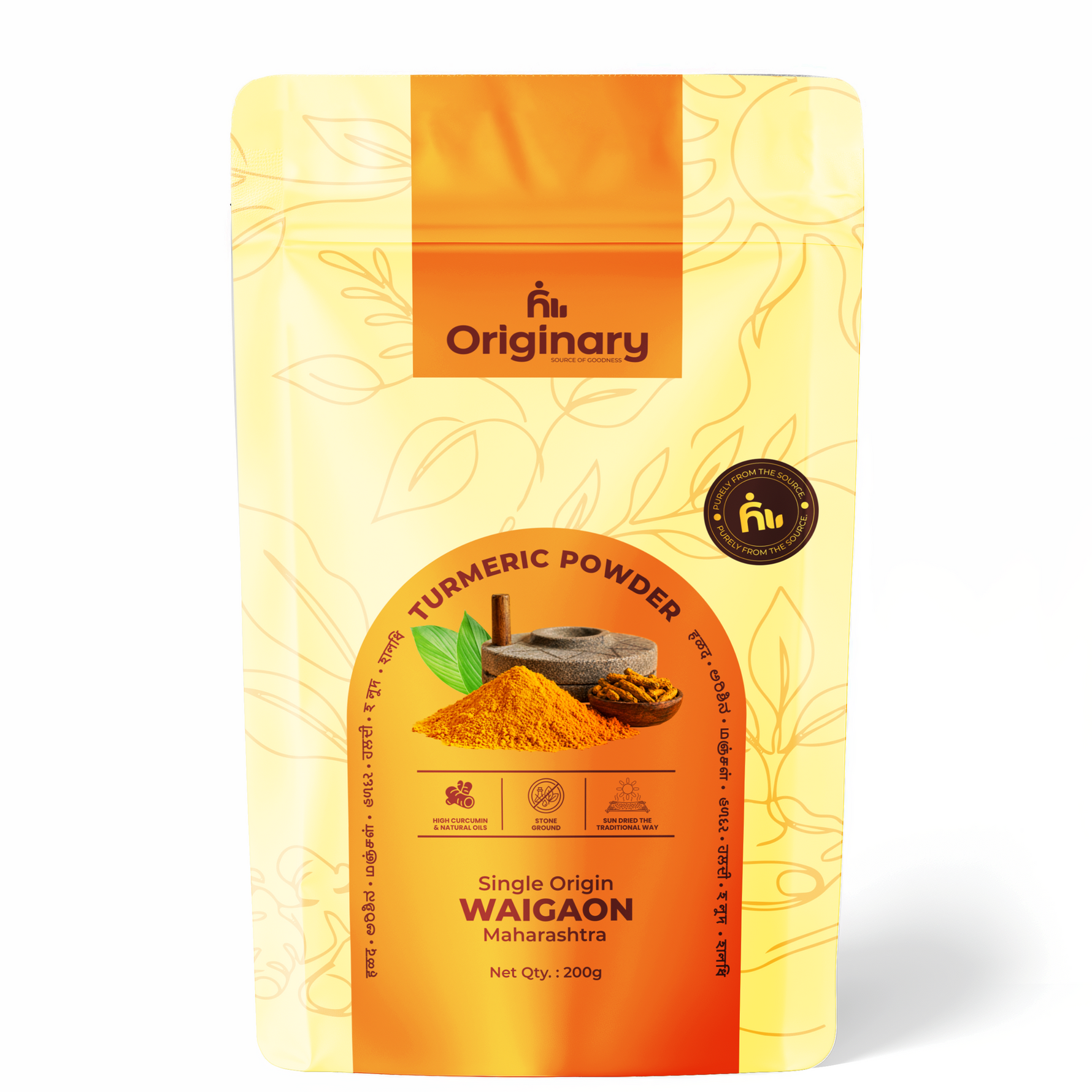 Packaging of turmeric powder with 'Originary' branding on a white background